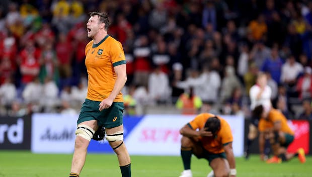 LYON, FRANCE - SEPTEMBER 24: Nick Frost of Australia reacts after their sides loss at full-time following the Rugby World Cup France 2023 match between Wales and Australia at Parc Olympique on September 24, 2023 in Lyon, France. (Photo by Alex Livesey/Getty Images)