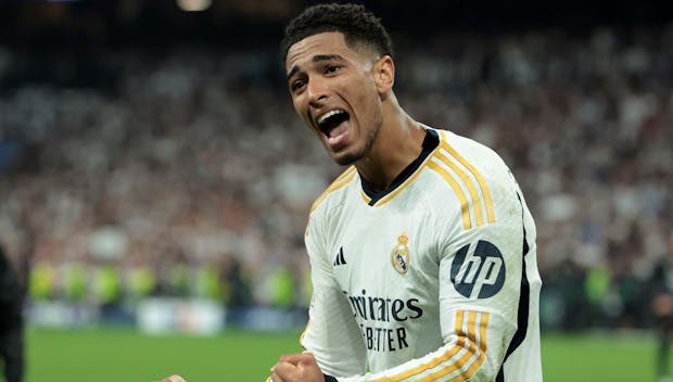 MADRID, SPAIN - MAY 8: Jude Bellingham of Real Madrid celebrates the victory following the UEFA Champions League semi-final second leg match between Real Madrid and FC Bayern Muenchen (Bayern Munich) at Estadio Santiago Bernabeu on May 8, 2024 in Madrid, Spain.(Photo by Jean Catuffe/Getty Images)