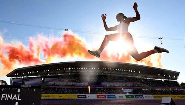 BIRMINGHAM, ENGLAND - AUGUST 07: Abigail Irozuru of Team England takes part in a practice jump for the Women's Long Jump Final during Athletics Track & Field on day ten of the Birmingham 2022 Commonwealth Games at Alexander Stadium on August 07, 2022 on the Birmingham, England. (Photo by David Ramos/Getty Images)