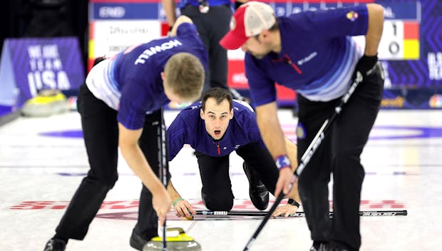 OMAHA, NEBRASKA - NOVEMBER 21: Mark Fenner of the United States watches action after delivering a stone during Game 3 of the US Olympic Team Trials at Baxter Arena on November 21, 2021 in Omaha, Nebraska. (Photo by Stacy Revere/Getty Images)