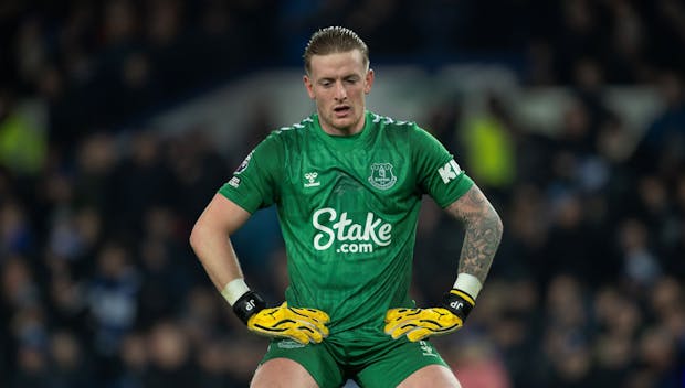 LIVERPOOL, ENGLAND - NOVEMBER 26: A dejected Everton goalkeeper Jordan Pickford after conceding the third goal during the Premier League match between Everton FC and Manchester United at Goodison Park on November 26, 2023 in Liverpool, England. (Photo by Visionhaus/Getty Images)