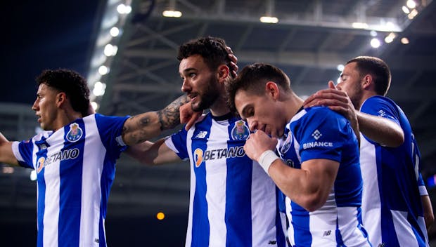 PORTO, PORTUGAL - FEBRUARY 17: Joao Mario of FC Porto celebrates with team mates after scoring his team's second goal during the Liga Portugal Bwin match between FC Porto and Estrela Amadora at Estadio do Dragao on February 17, 2024 in Porto, Portugal. (Photo by Diogo Cardoso/Getty Images)