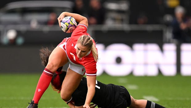 Carys Williams-Morris of Wales carries the ball against the Black Ferns in Dunedin, New Zealand in October 2023. (Photo by