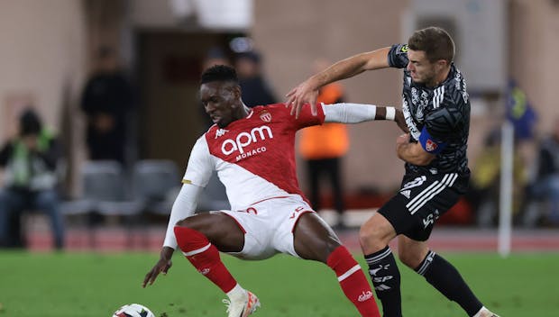 Brendan Chardonnet of Stade Brestois 29 tussles with Folarin Balogun of AS Monaco during the Ligue 1 match on November 5, 2023