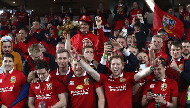 Lions supporters celebrate during the Test match against New Zealand on July 8, 2017