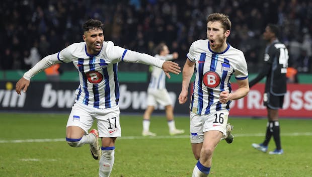 BERLIN, GERMANY - DECEMBER 06: Jonjoe Kenny of Hertha BSC celebrates after scoring the team's third goal during the DFB cup round of 16 match between Hertha BSC and Hamburger SV at Olympiastadion on December 06, 2023 in Berlin, Germany. (Photo by Maja Hitij/Getty Images)