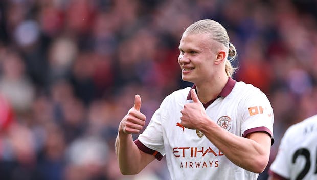 NOTTINGHAM, ENGLAND - APRIL 28: Erling Haaland of Manchester City celebrates after scoring a goal to make it 0-2 during the Premier League match between Nottingham Forest and Manchester City at City Ground on April 28, 2024 in Nottingham, England.(Photo by Robbie Jay Barratt - AMA/Getty Images)