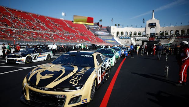 LOS ANGELES, CALIFORNIA - FEBRUARY 05: The #8 BetMGM Chevrolet, driven by Kyle Busch sits parked on the grid during qualifying heats for the NASCAR Clash at the Coliseum at Los Angeles Memorial Coliseum on February 05, 2023 in Los Angeles, California. (Photo by