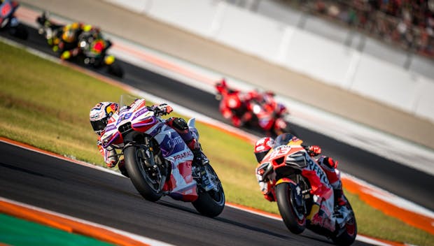 VALENCIA, SPAIN - NOVEMBER 25: Jorge Martin of Spain and Prima Pramac Racing rides in front of Marc Marquez of Spain and Repsol Honda Team during the Qualifying of the MotoGP Gran Premio Motul de la Comunitat Valenciana at Ricardo Tormo Circuit on November 25, 2023 in Valencia, Spain. (Photo by