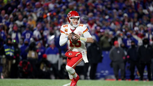 ORCHARD PARK, NEW YORK - JANUARY 21: Patrick Mahomes #15 of the Kansas City Chiefs in action against the Buffalo Bills during their AFC Divisional Playoff game at Highmark Stadium on January 21, 2024 in Orchard Park, New York. (Photo by Al Bello/Getty Images)