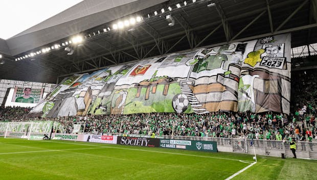 SAINT-ETIENNE, FRANCE - APRIL 6: The Concarneau reception from Saint-Étienne supporters as they celebrate the 90th anniversary of the Greens at the Geoffroy-Guichard stadium prior the Ligue 2 BKT match between ASSE Saint-Etienne and US Concarneau at Stade Geoffroy-Guichard on April 6, 2024 in Saint-Etienne, France. (Photo by Eurasia Sport Images/Getty Images)