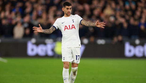 LONDON, ENGLAND - APRIL 02: Cristian Romero of Tottenham Hotspur during the Premier League match between West Ham United and Tottenham Hotspur at London Stadium on April 02, 2024 in London, England. (Photo by Marc Atkins/Getty Images) (Photo by Marc Atkins/Getty Images)